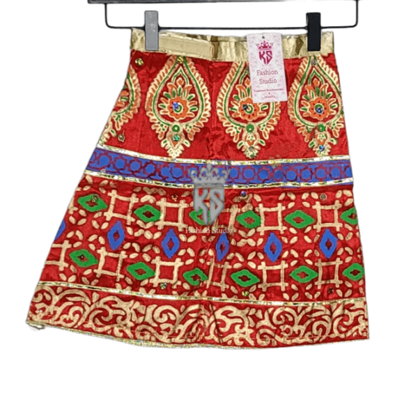 Red Art Silk Block Printing Girls Lehenga - Image 2